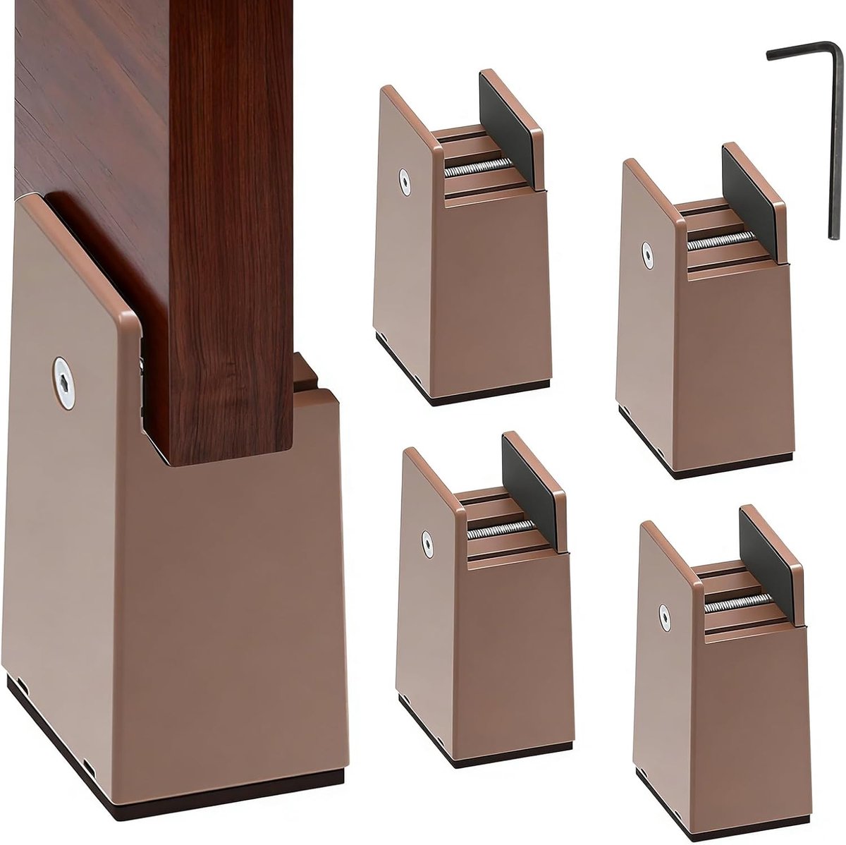 4 stuks stoelverhogingen, 10 cm verstelbare stoelverhoging met schroefklem, bankverhoging, zware stoelverhogingen, voor 10-37 mm brede vierkante meubelverhogingen, bank, kast (bruin)