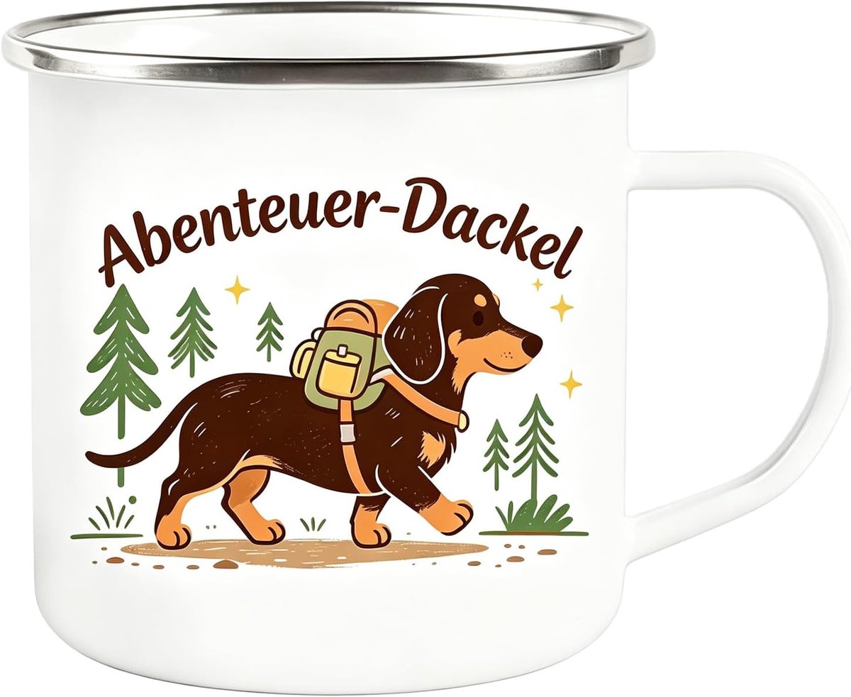 Emaille beker wit met avontuur teckel motief, 350 ml | Campingmok, gepersonaliseerd, grappige teckel geschenken, voor hondenbezitters en campers, outdoor koffiemok