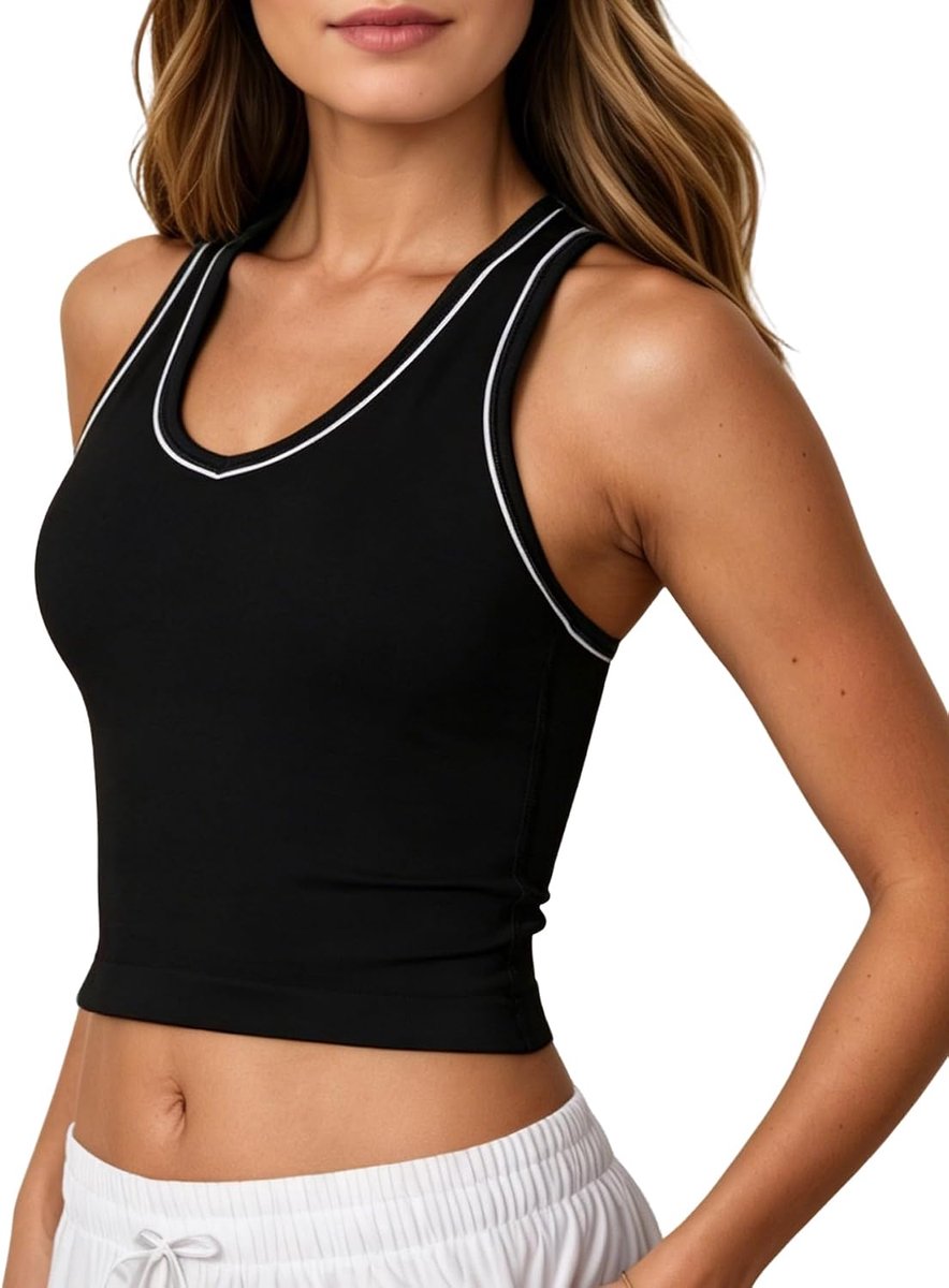 Tanktop Dames Sexy V-hals Crop Top Zomer Sport Tanktops Basic Topjes met Bandjes Camisole Mouwloze Tops Dubbellaags Slim Fit Rugloze Tops