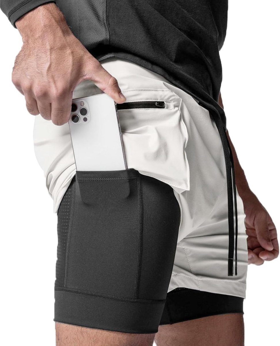 Shorts voor heren, 2-in-1, sport, training, fitness, joggen, snel voor joggen, tennis, fitness, training, hardlopen, met zijzakken met ritssluiting, handdoeklussen