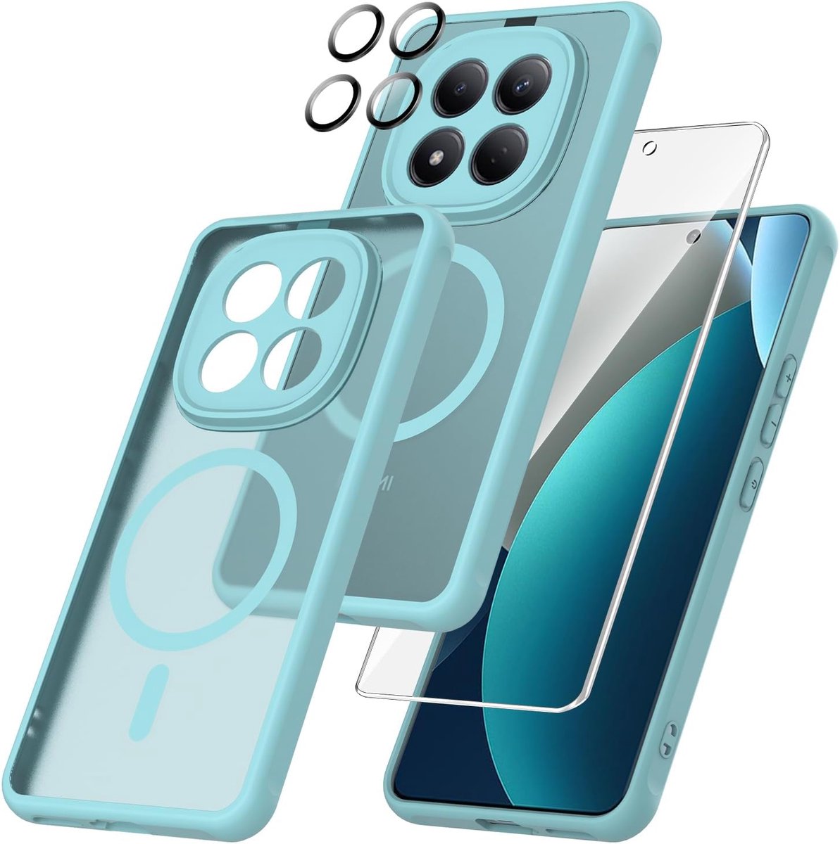 3-in-1 beschermhoes compatibel met Xiaomi Redmi Note 15 Pro 5G met 1 gehard glas en 1 cameraglas, geschikt voor magnetische houder, schokbestendig, transparant, mat, hemelsblauw