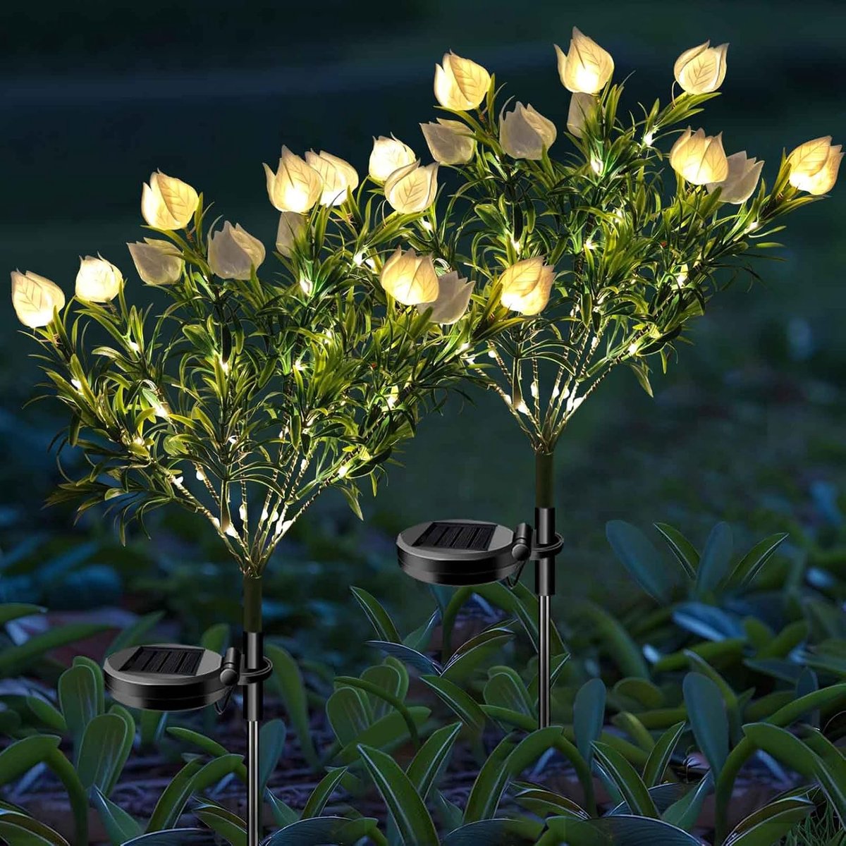 Solar Tuinlampen - 7-Koppige Gardenia Kleurrijke Bloemlamp - Waterdicht - 2 Lichtstanden - voor Tuin, Pad - Wit - 2 Stuks