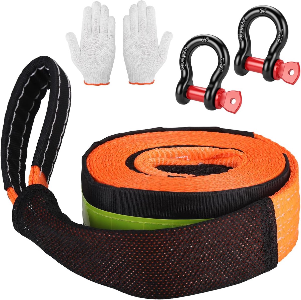 Spanbanden, 5 m x 5 cm, robuust, 10.000 kg, voor auto's met 2 haken, opbergtas en handschoenen, 4 x 4 reddingsbanden voor SUV, bestelwagen, bestelwagen en limousine