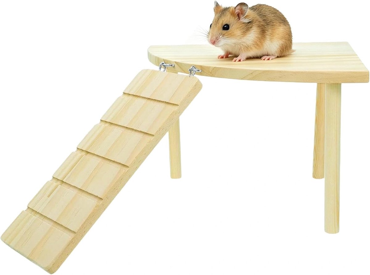 13 × 19 cm houten hamster platform hamster speelgoed terrarium accessoires | voor hamsterkooi, dwerghamsters, balancerend speelgoed, kleine dieren zoals chinchilla's en cavia's (tafel + ladder)
