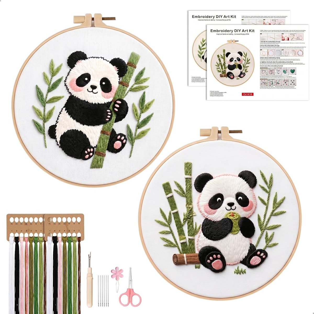 keyuancan Borduurset, borduurset voor beginners, borduursets, panda-motief, bedrukte stof, frame, garen en naalden, handgemaakte cadeaus voor volwassenen, meisjes en jongeren, 2 stuks