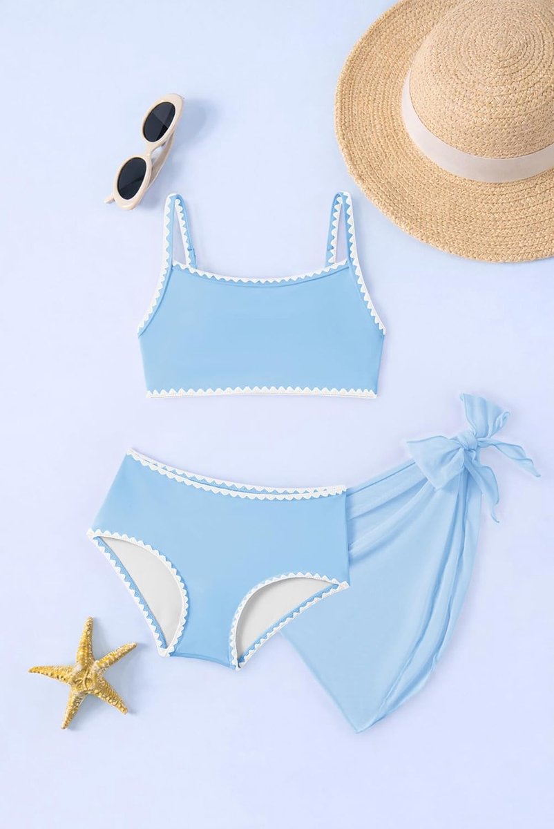 Meisjesbikiniset, 3-delig, sportbikini, bovenstuk, hoge taille, bikinibroek met cover-up badkleding, sneldrogend, elastische badmode voor strand, zwembad, 6-13 jaar