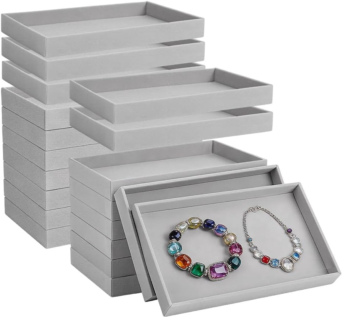 20 klein sieradendienblad van fluweel, decoratief, bureau, voor sieraden (21 x 12,5 x 2,3 cm), oorbellen, ringen, halskettingen en armbanden, grijs (1 rooster)