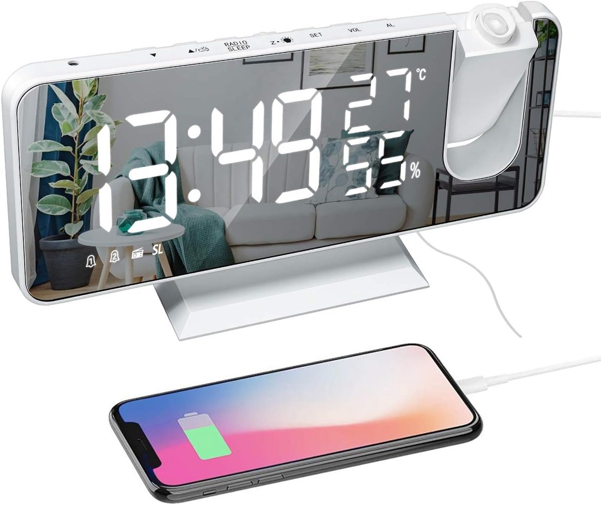 Projectiewekker met USB-oplader, 180° draaibare projector, wekker met FM-radio 7,4 inch spiegeldisplay, 2 geluiden, 4 dimmers, wit