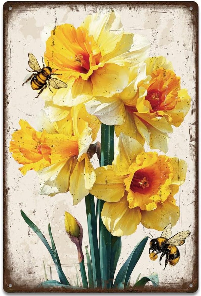 Narcis bloem metalen borden bij tinnen bord gele narcissen metalen wandplaten bloemen poster vintage kunst decor voor tuin woonkamer slaapkamer keuken retro decoratie