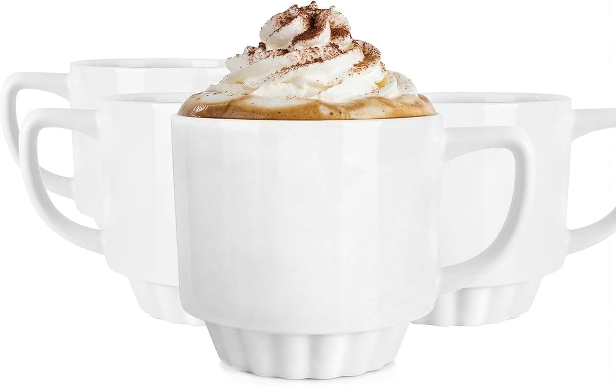 Mokken 260 ml van Witte Keramiek - Grote Mokken met Oor voor Cappuccino en Warme Dranken - voor Thuis en Kantoor - Vaatwasserbestendig - Zoya