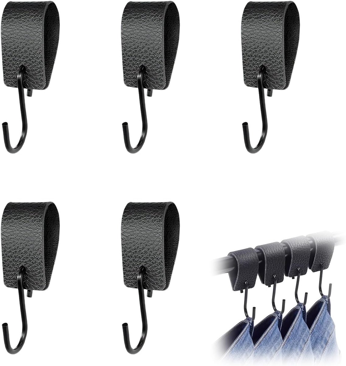 haken zwart met lederen lus, 5 stuks haken garderobehaken, kledinghaken, metalen haken, garderobe en camping, hoogwaardige metalen haken met robuuste leren lus, ruimtebesparende en elegante