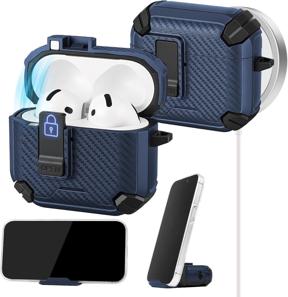 hoesje compatibel met Pro 4, beschermhoes met telefoonstandaard, schokbestendige valbescherming van militaire kwaliteit met vergrendelingsmechanisme, magnetische achterkant, donkerblauw
