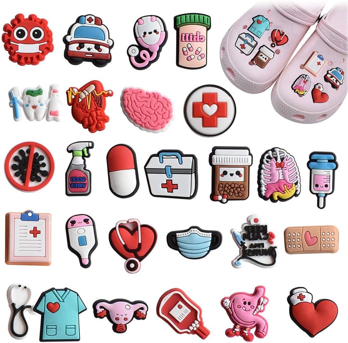 27 Pcs Schoenenbadges Pins Spelden, Schoenbedels Verpleegkundige Medicijn Schoenenhanger Cartoon Dokter Verpleegkundige Accessoires voor klompen, doe-het-zelf versieringen