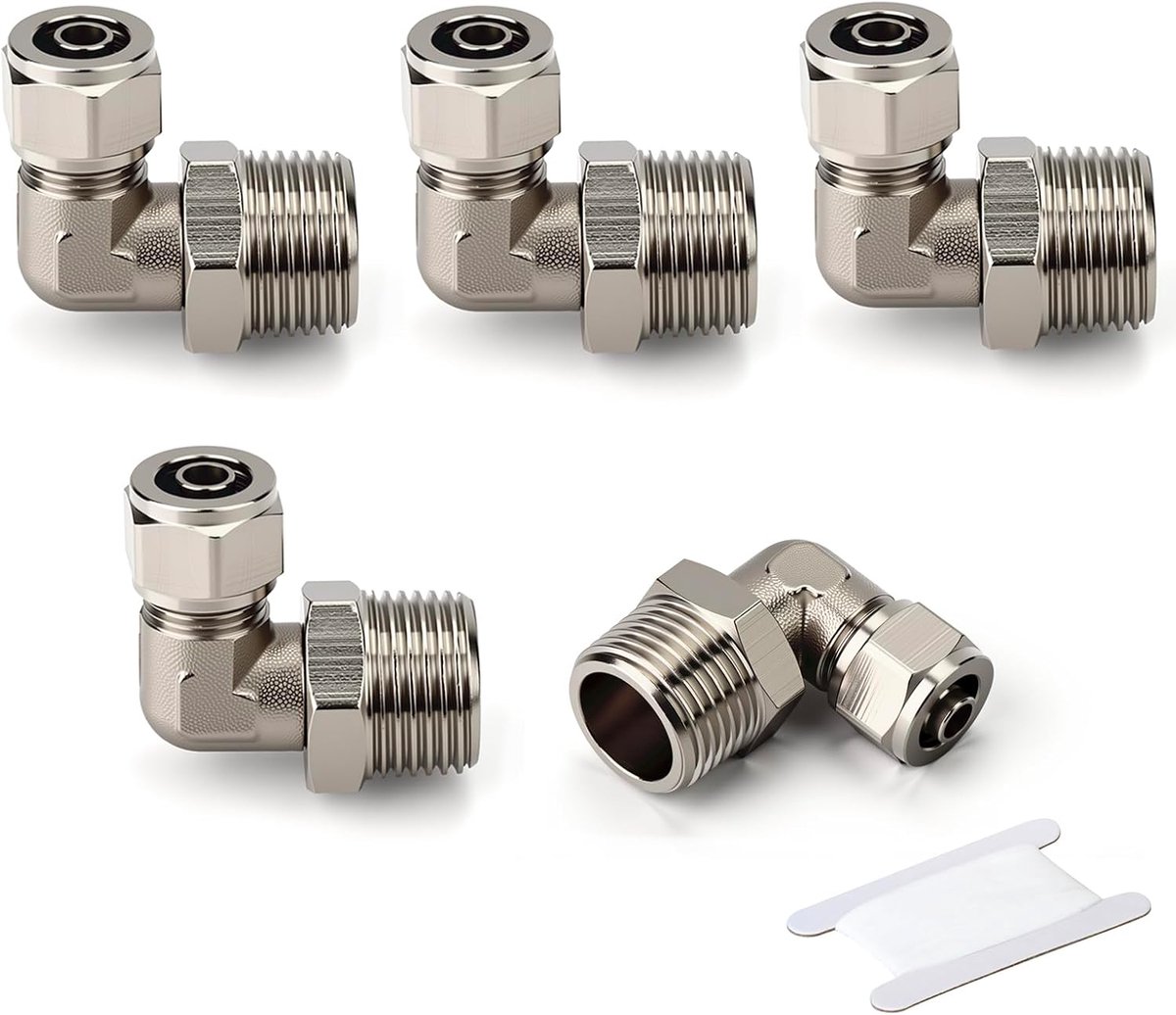 5 stuks Vernikkeld Messing Draaibaar 90 Grad Bocht Pneumatische Kniepfitting, L-vormige Luchtleidingverbinder met Buitendraad en Snellaansluiting, Bochtadapter 4mm slang × 1/4 BSP buitendraad