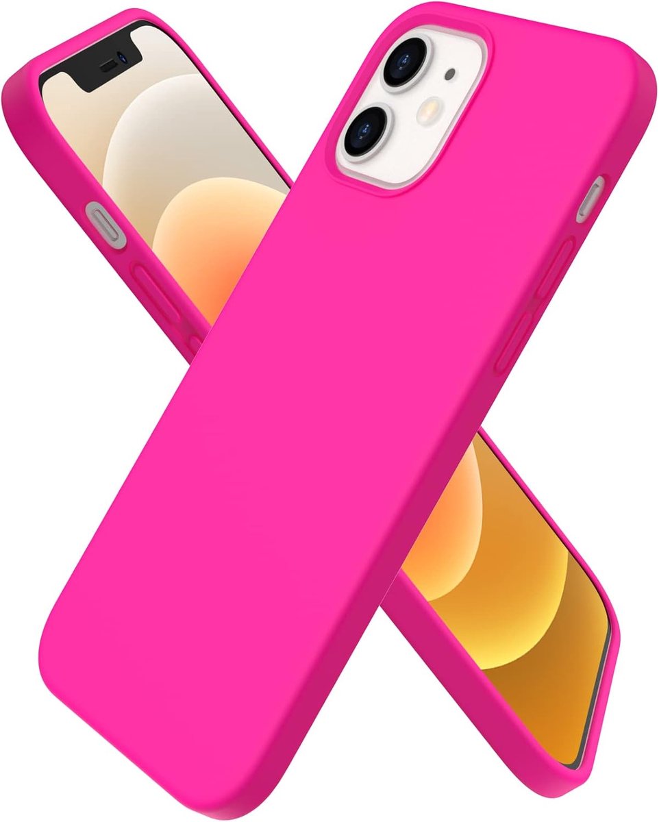 Beschermhoes voor iPhone 12, siliconen, neonroze | Gemaakt van vloeibare siliconen, volledige schokbestendige bescherming, zachte binnenkant van microvezel