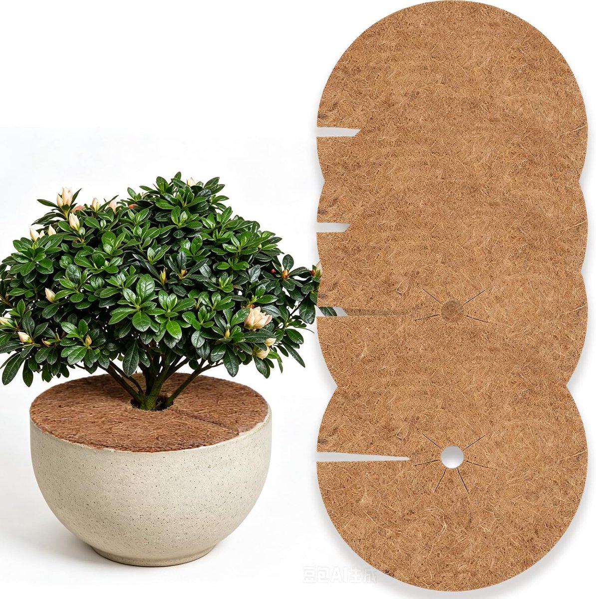 4 Stuks Kokosmatten voor Planten, Biologisch Afbreekbaar, Ronde Mulchschijven met Afdekplaat, Winterbescherming voor Potplanten, Wortelbescherming en Onkruidbarrière, Jaarrond Plantenbescherming,40 cm