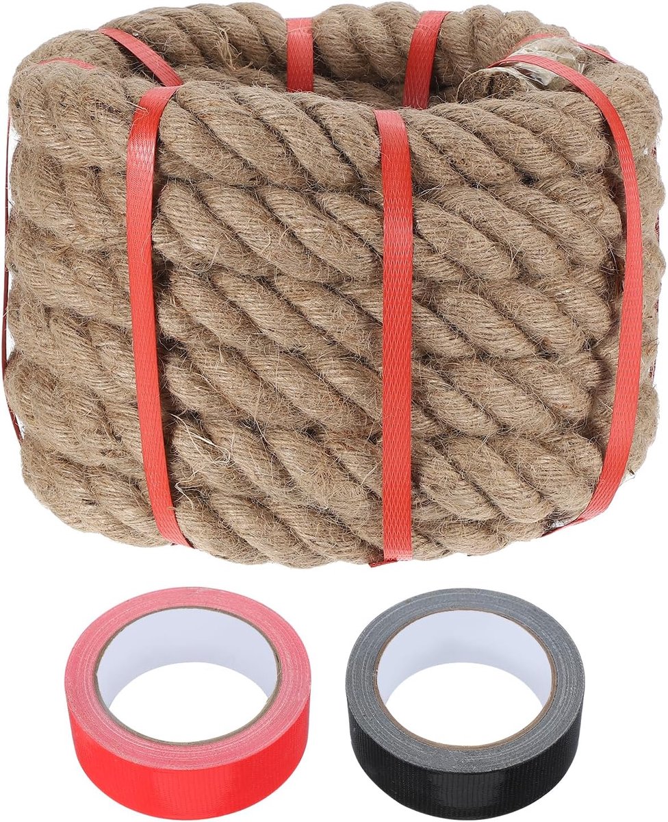Jute touw 3,3 cm x 6 m dik, natuurlijk gevlochten met 2 rollen band voor handwerk, banken, touwtrekken, nautische schommel