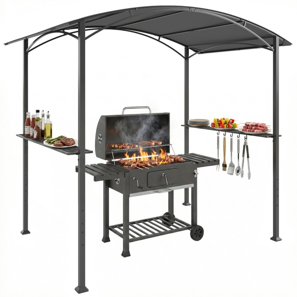 BBQ-paviljoen - BBQ-tent - Buitenpergola - Gazebo - Met 2 zijframes en haken - Biedt bescherming tegen zon en regen - Zwart