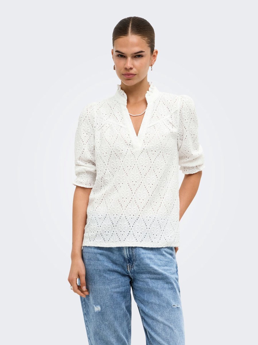 Only Ziggy Frill Top Dames Korte mouw Cloud Dancer Zwart
