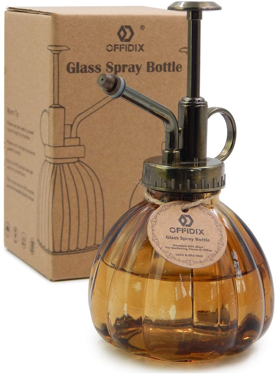SnelShoppen - Glazen gietfles 6,3 inch vintage stijl spruiter met bronzen plastic toppomp - Eén hand gieter voor tuinieren - Bruin - Ideaal voor plant
