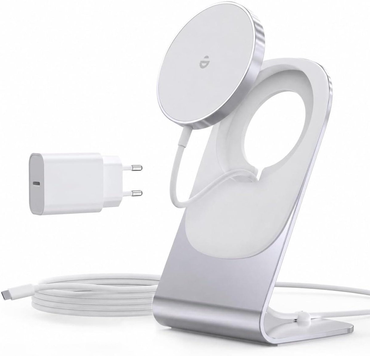 Draadloze oplader - Inductie laadstation - Snel opladen - Magnetische uitlijning - 20W adapter - Zilver