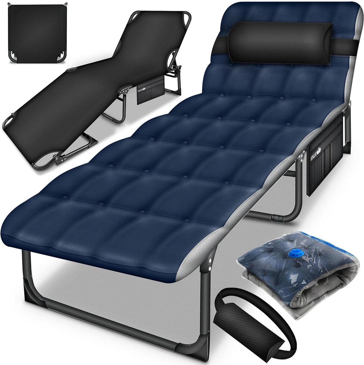 Campingbed - Veldbed Ligstoel - Ontspannen Buiten - Inklapbaar Met Kussen - 190 x 68 x 32 cm - Blauw Grijs