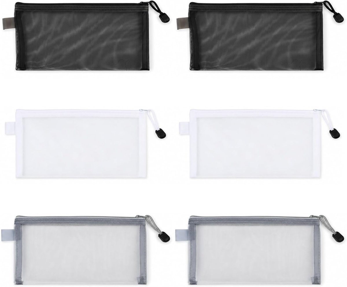 3 stuks transparante etui met ritssluiting, transparant etui voor school, cosmetica, reisaccessoires en tas voor handtas, 2 zwart, 2 wit, 2 grijs