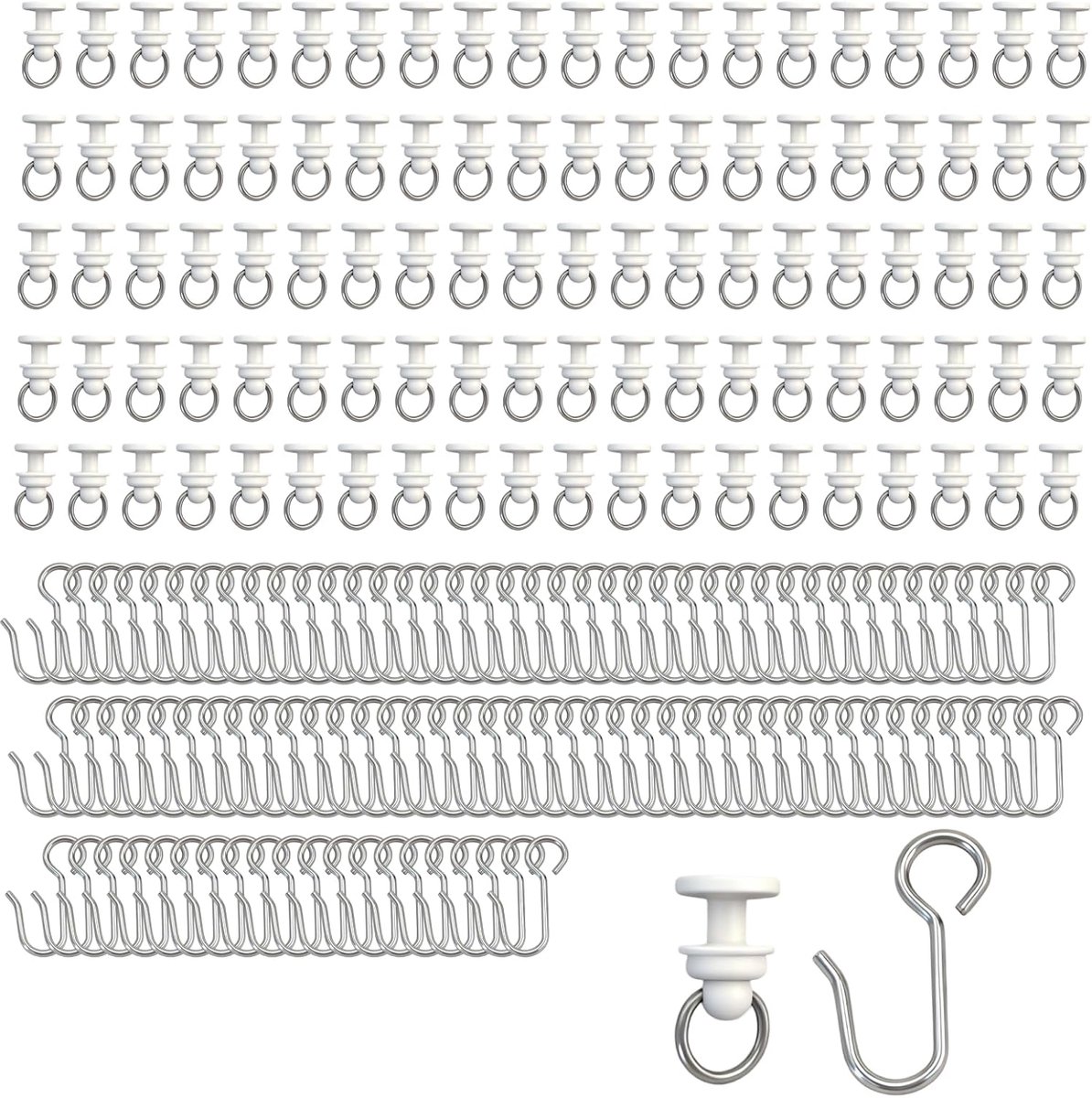 100 Stuks Gordijnrails Glijders en Metalen Gordijnhaken, Universele Gordijnrail Accessoires, Stille Gordijnglijders voor Gordijnen, Douchegordijnen, Raamdecoratie en Vervanging