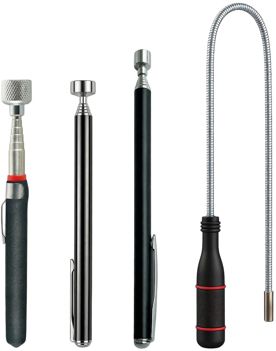 4 Delige Flexibele Telescoopmagneetset,1.5/5/15 pond/0.8 lbs | Sterke Magnetische Trekkracht,Uitrekbaar voor Moeilijke Bereikbare Plekken,Duurzaam Materiaal voor Kleine Montageonderdelen