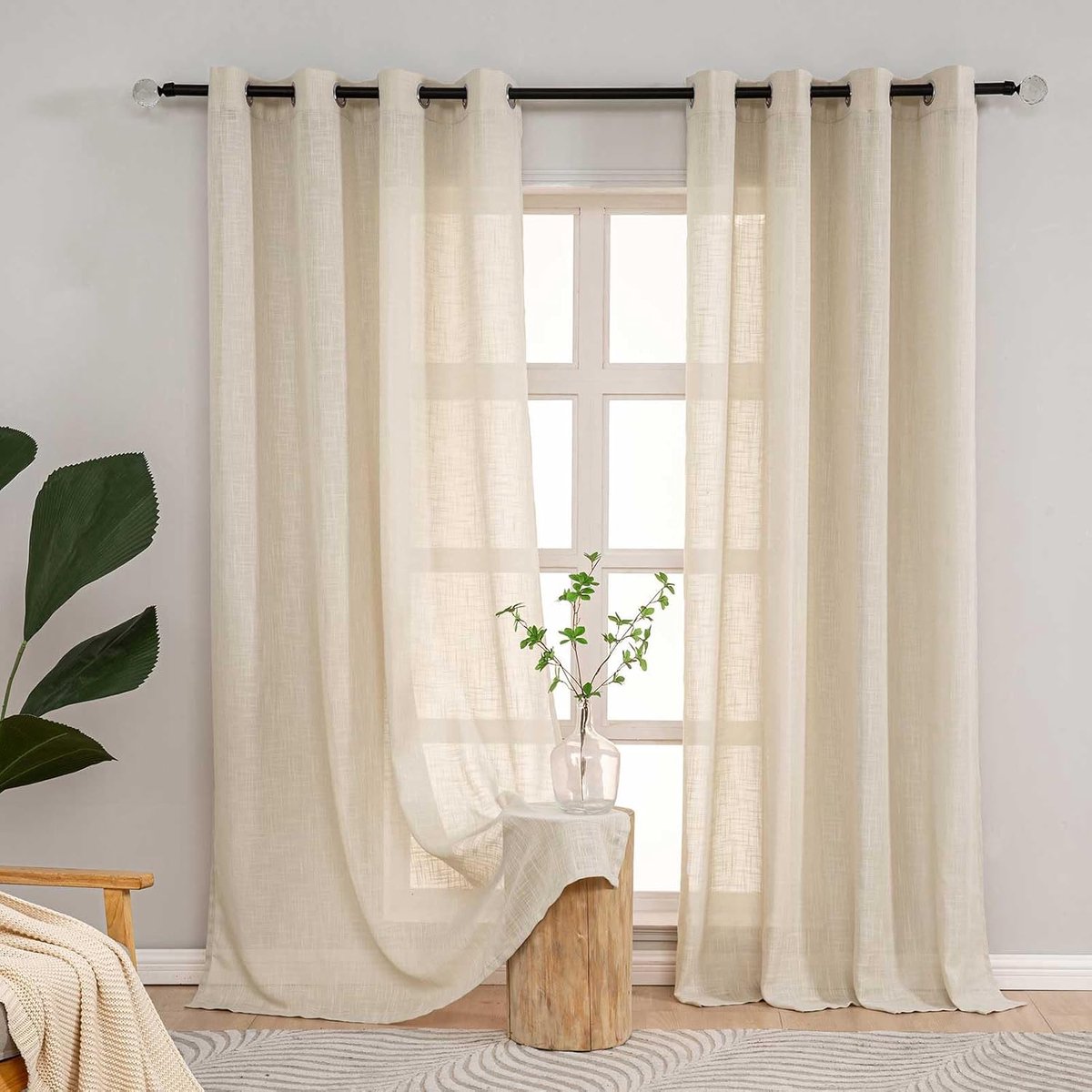 Gordijnen Beige Semi-Transparant, 245 cm Valhoogte (96 Inch Drop) Linnenlook Gordijn voor Woonkamer Slaapkamer Ramen, Zwaargewicht Semi-Transparante Gordijnen met Oogjes, 2 Panelen Verpakking