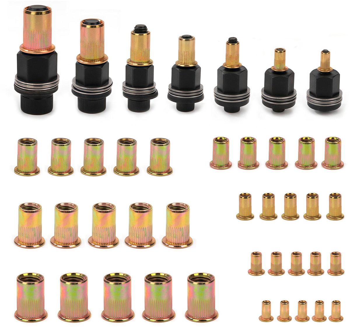 Set van 7 klinkmoertangen, klinkmoeren, M3, M4, M5, M6, M8, M10, M12 klinkmoergereedschap, inclusief 70 stuks klinkmoeren assortiment