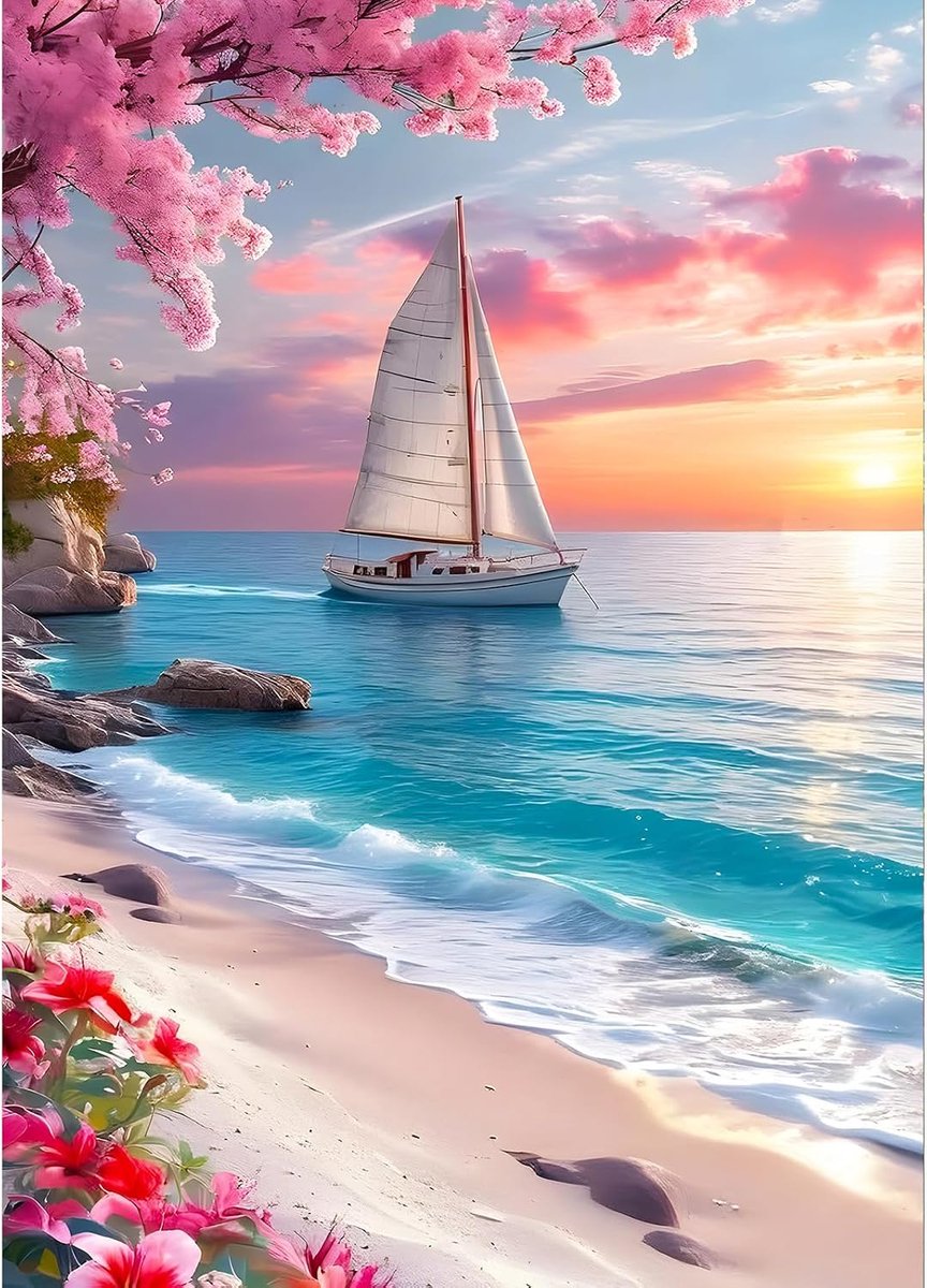 5D zeilboot diamant schilderij kit, doe-het-zelf zonsondergang op zee diamant kunst complete sets, bloemen diamond art kits strass kruissteek schilderij voor volwassenen beginners woondecoratie