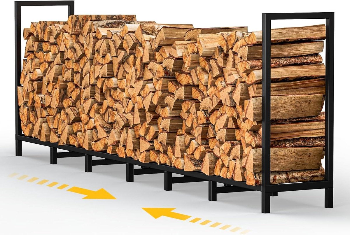 Brandhout Opslagrek - Haardhouthouder Buiten - Hout Opslaan - 14 Verstelbare Poten - 24 meter - Zwart