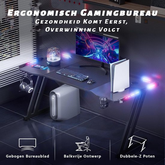 Gaming Bureau - PC Tafel - Studeren Spelen Werken - LED Verlichting - 160 x 60 cm - Zwart — afbeelding 4