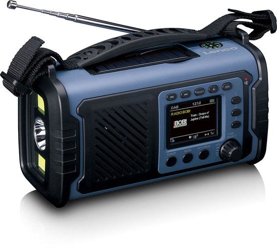 Blauwe Lenco radio met zonnepaneel, SOS knop, lamp en antenne.
