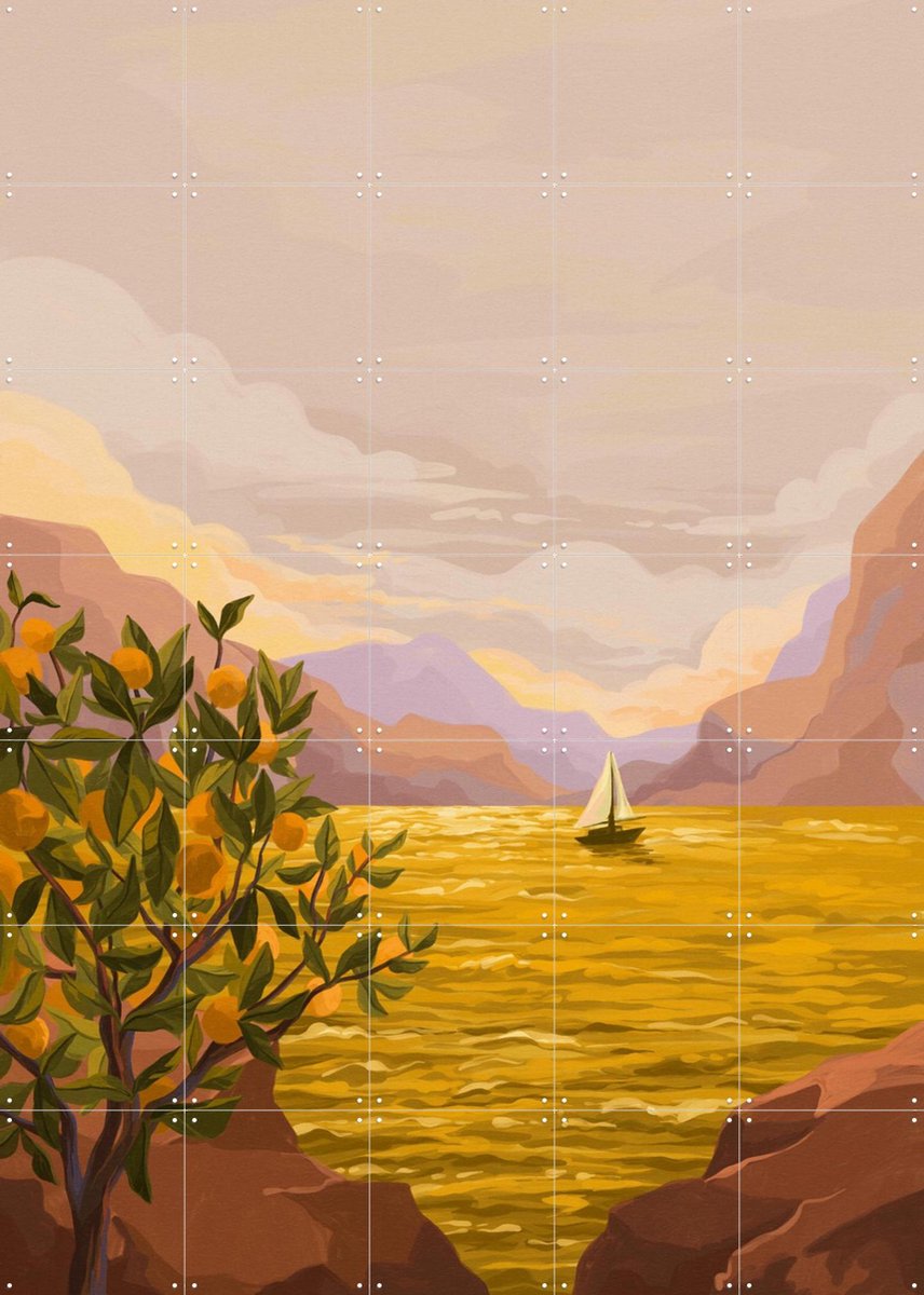 IXXI Golden Sunset, Goed Blauw - 100 x 140 cm - Gratis ophangtool - Grote wanddecoratie en posters - Modern, Digitale Kunst, Aquarel, Impressionisme