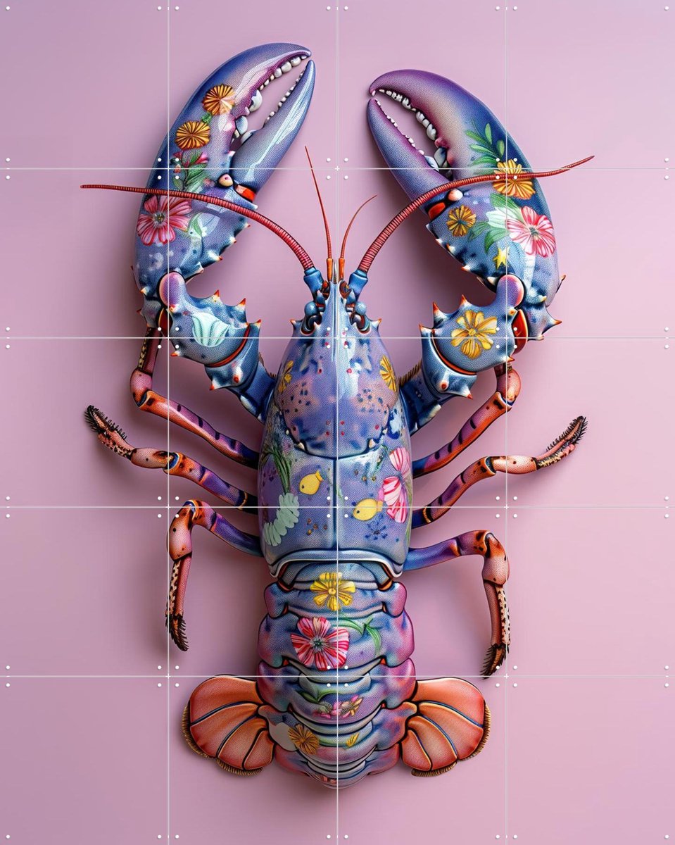 IXXI Purple Flower Lobster, OTTI - 80 x 100 cm - Gratis ophangtool - Grote wanddecoratie en posters - Digitale Kunst, Speels, Woonkamer, Strandhuis