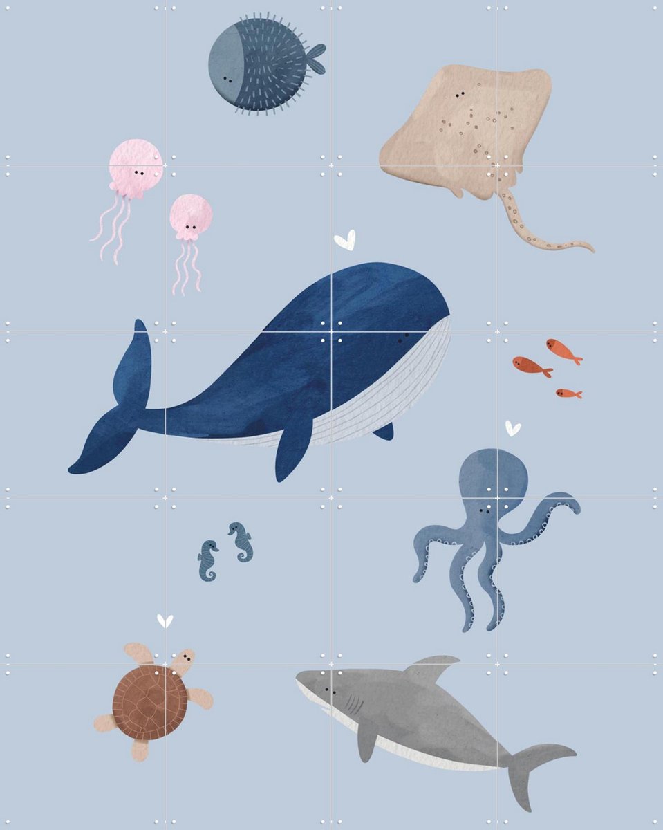 IXXI Zeedieren, Alijt - 80 x 100 cm - Gratis ophangtool - Grote wanddecoratie en posters - Speels, Illustraties, Aquarel, Cartoonesk, Babykamer
