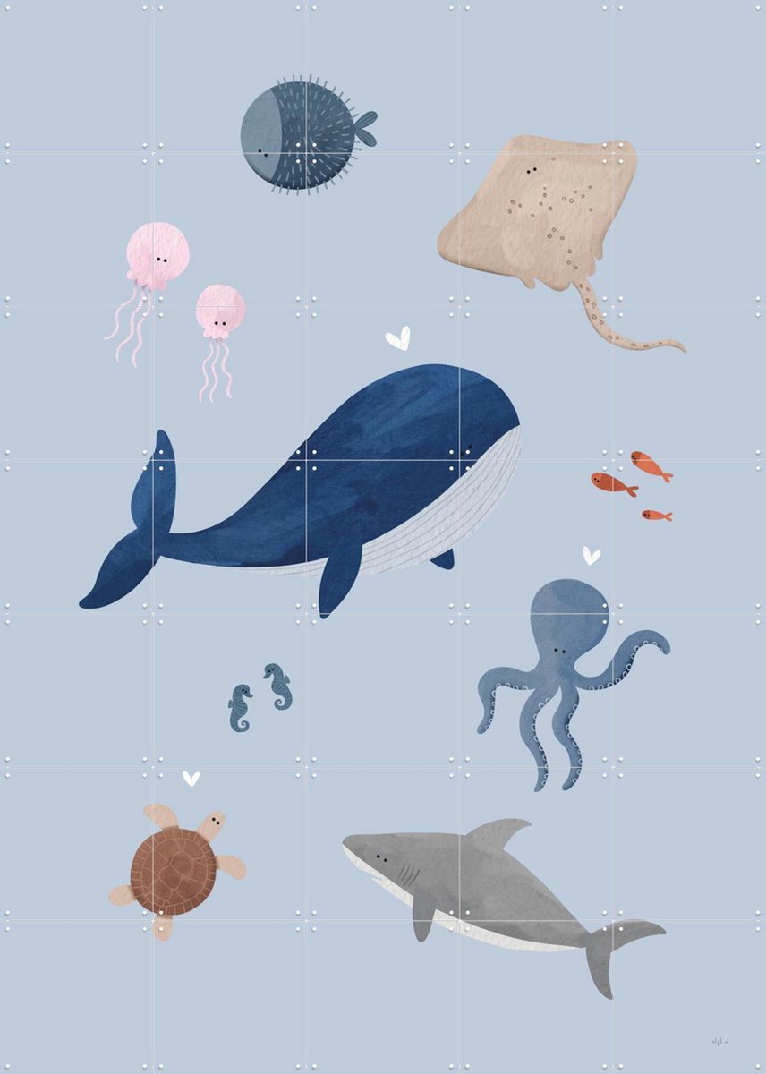 IXXI Zeedieren, Alijt - 100 x 140 cm - Gratis ophangtool - Grote wanddecoratie en posters - Speels, Illustraties, Aquarel, Cartoonesk, Babykamer