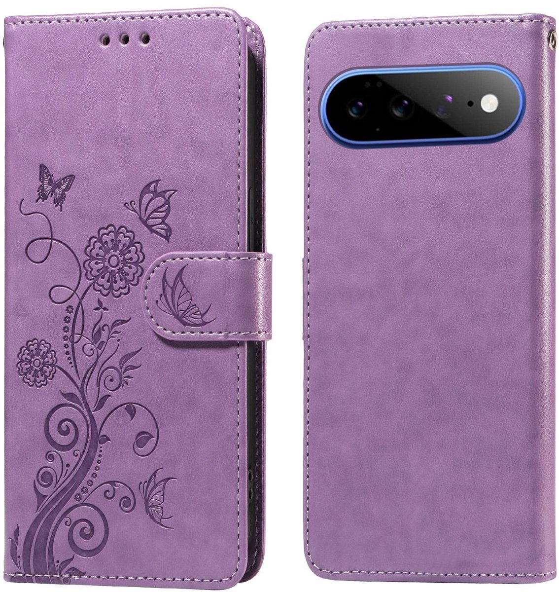 Mobigear Telefoonhoesje geschikt voor Google Pixel 11 Pro XL Hoesje | Mobigear Flowers Bookcase Portemonnee | Pasjeshouder voor 3 Pasjes | Telefoonhoesje voor Pinpas / OV Kaart / Rijbewijs - Paars