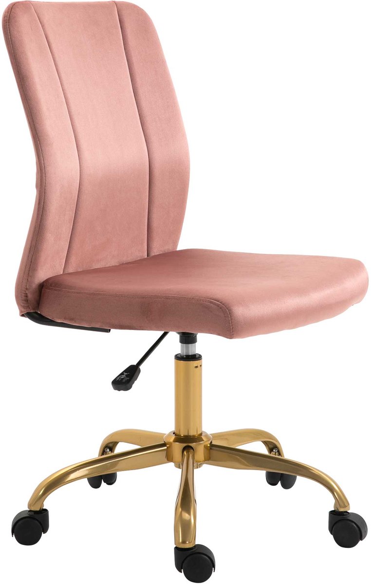 Bureaustoel, modern design, 360 graden draaibaar, ergonomisch, gebogen rugleuning, in hoogte verstelbaar, velours bekleding, 56 x 60 x 102 cm, roze en goud