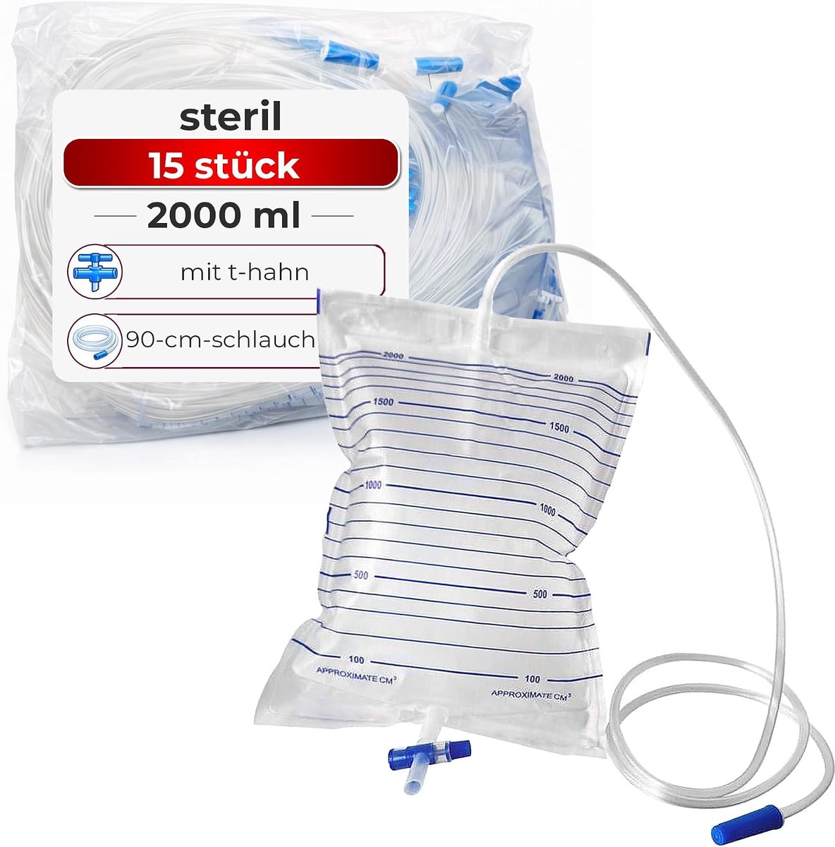 Urinezak voor eenmalig gebruik 2000 ml - 15 stuks - T-kraan en slang 90 cm - ideaal voor onderweg - ShopVlot
