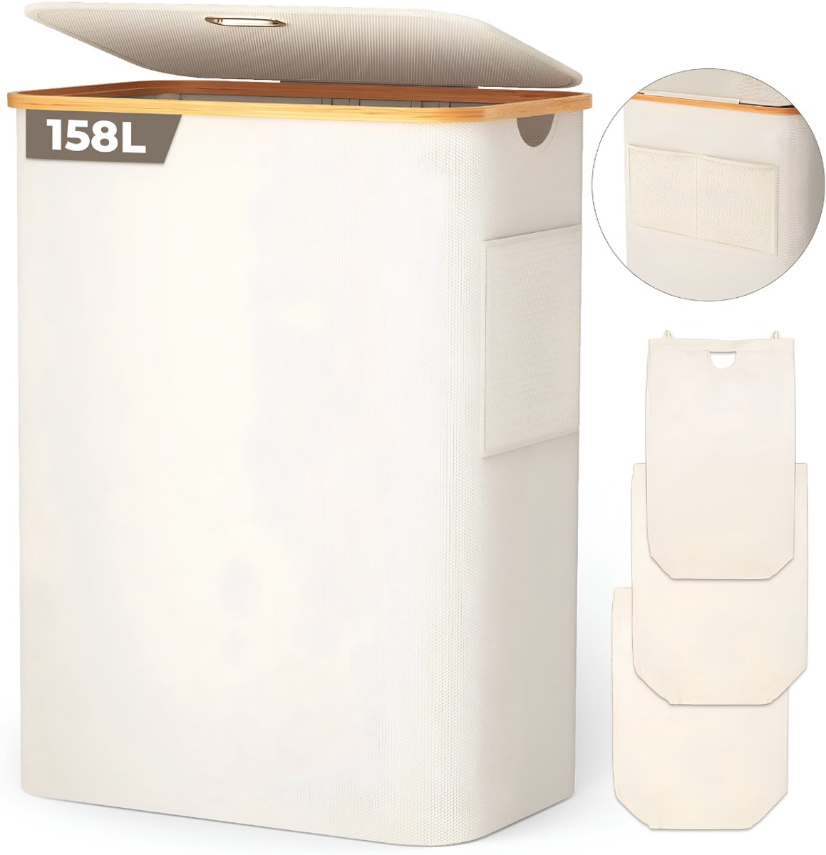 VALI® Wasmand - Wasmand met Deksel - 158L - Wasmand 3 Vakken - Beige - 57cm x 37cm x 75cm