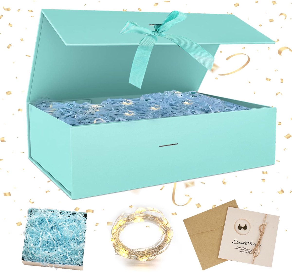 Geschenkdoos met deksel, magneetstrikken, vouwdozen, wenskaarten, bast en shreds, led-lichtsnoer, voor bruiloft, verjaardag, Kerstmis
