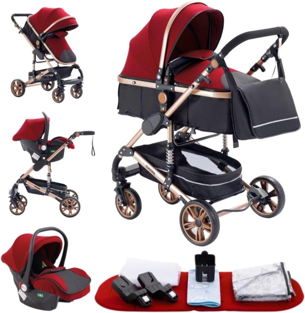 3-in-1 Kinderwagen - Combinatie kinderwagen - Veilig vervoer baby - Dubbel schokdempingssysteem - 0-36 maanden - Rood