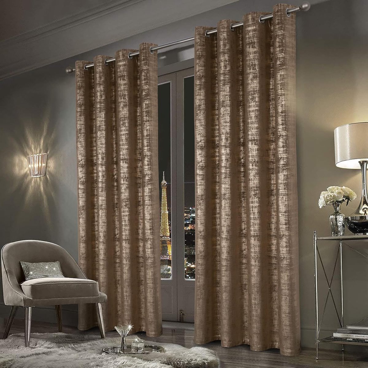 always4u 100% ondoorzichtige gordijnen, fluwelen gordijn met gouden print, voor woonkamer, slaapkamer, balkon, warmte-isolerende verduisteringsgordijnen met ringen, glanzend, elegant, mokkabruin, set