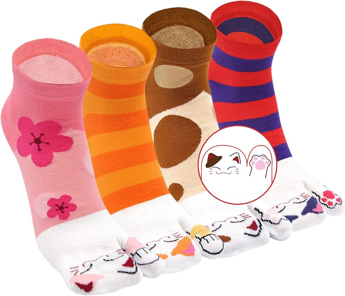 Sokken Vrouwen Katoen Enkelsokken Twee teensokken Nieuwigheid Grappig Japanse Stijl voor Geta Teenslippers Sakura Kersebloesem Patroon 4 paar Maat 35-41