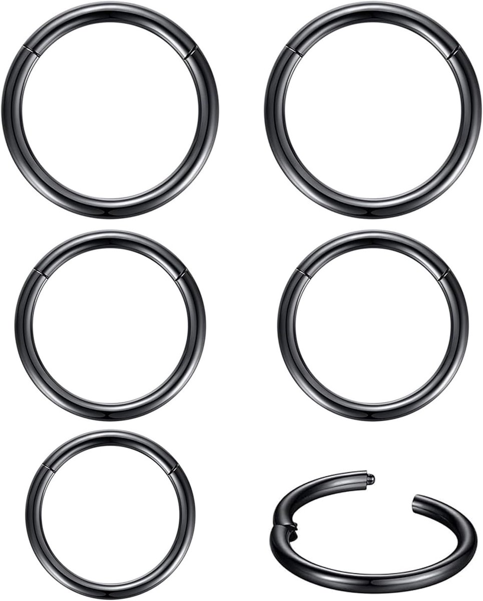 Ringen, roestvrij staal, 18G, zwart, 6 mm, 8 mm, 10 mm, 6 stuks
