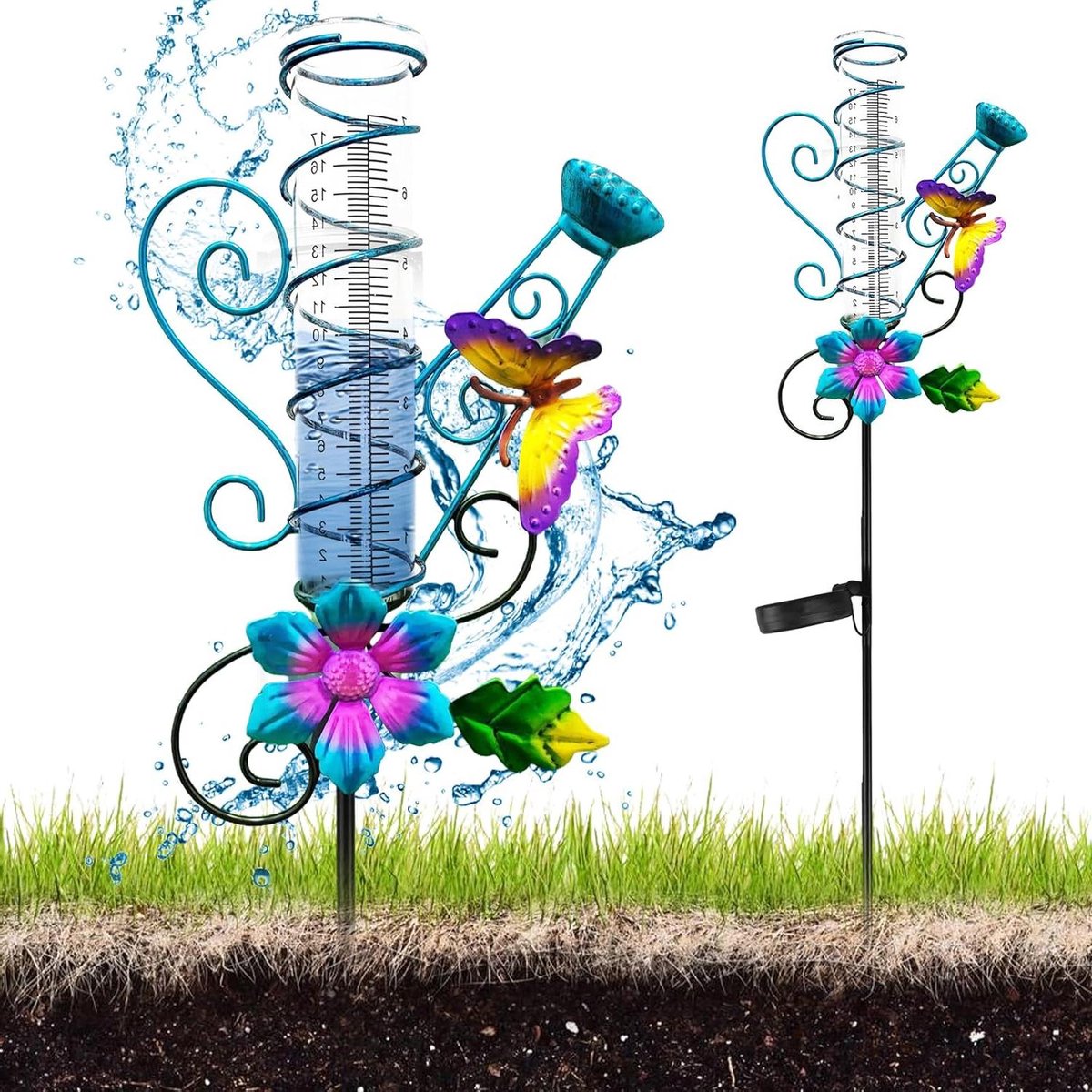 Regenmeter Tuin - Neerslagmeter Glas - Tuinonderhoud Meten - Zonne-energie LED Verlichting - Grote Cijfers - Transparant