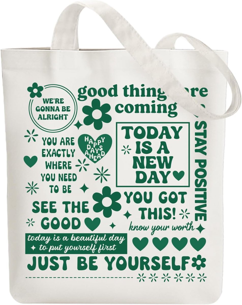 Tote Bag voor dames, bedrukte canvas tas, herbruikbare draagtas, katoenen citaten boodschappentassen, 38 x 40 cm breed, wit, canvas draagtas voor winkelen, geschenken